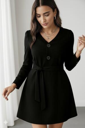 Kadın Uzun Kollu Düğme Detaylı Kendinden Kemerli Ithal Krep Elbise - 3