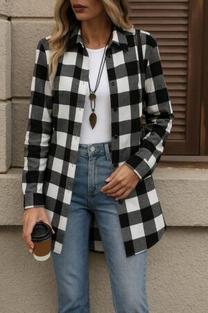 Kadın Uzun Kollu Ekoseli önden Düğmeli Dokuma Uzun Gömlek - ANGELINO BuyukBedeniz