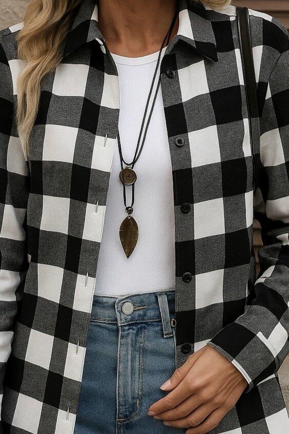 Kadın Uzun Kollu Ekoseli önden Düğmeli Dokuma Uzun Gömlek - 2