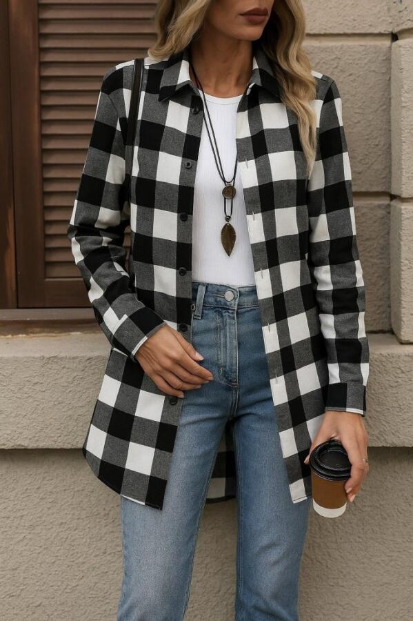 Kadın Uzun Kollu Ekoseli önden Düğmeli Dokuma Uzun Gömlek - 3