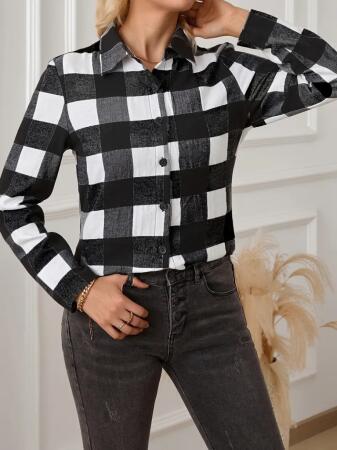 Kadın Uzun Kollu Ekoseli önden Düğmeli Dokuma Uzun Gömlek - ANGELINO BuyukBedeniz (1)