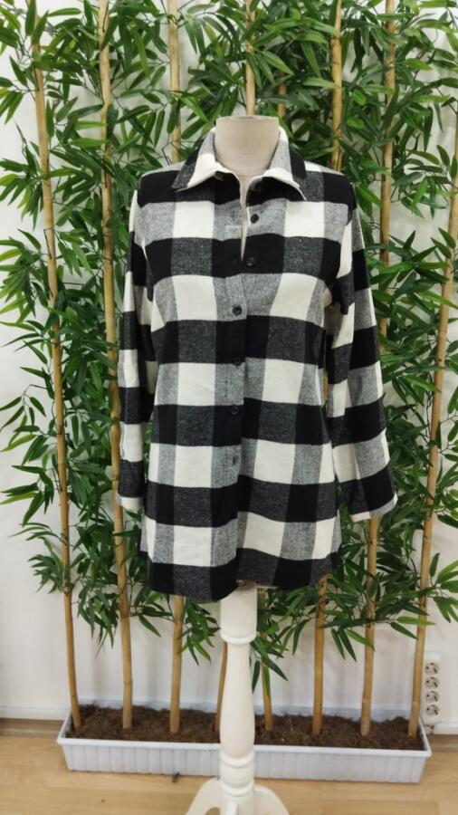 Kadın Uzun Kollu Ekoseli önden Düğmeli Dokuma Uzun Gömlek - 7