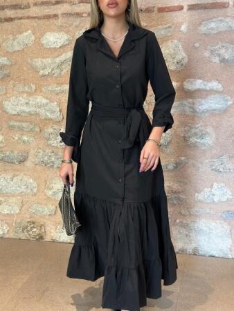 Kadın Uzun Kollu Eteği Fırfırlı Beli Kuşaklı Trikoton Tam Boy Gömlek Elbise - ANGELINO BuyukBedeniz (1)