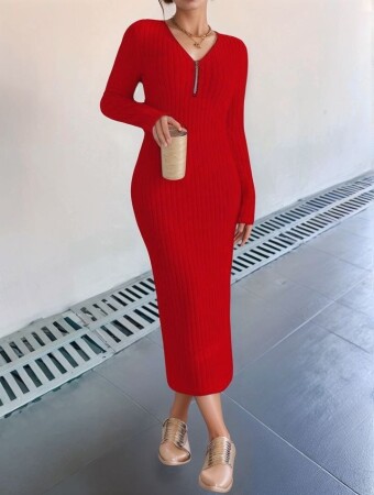 Kadın Uzun Kollu Fermuar Detay Fitilli Kaşkorse Kumaş Maxi Boy Elbise - ANGELINO BuyukBedeniz