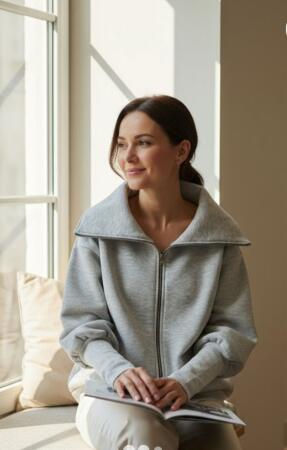 Kadın Uzun Kollu Fermuar Detay Sweat Shirt - ANGELINO BuyukBedeniz