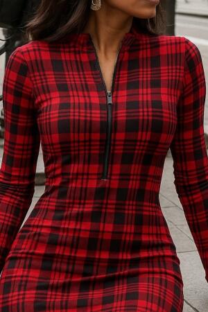 Kadın Uzun Kollu Fermuarlı Ekose Baskılı Dalgıç Elbise - ANGELINO BuyukBedeniz (1)