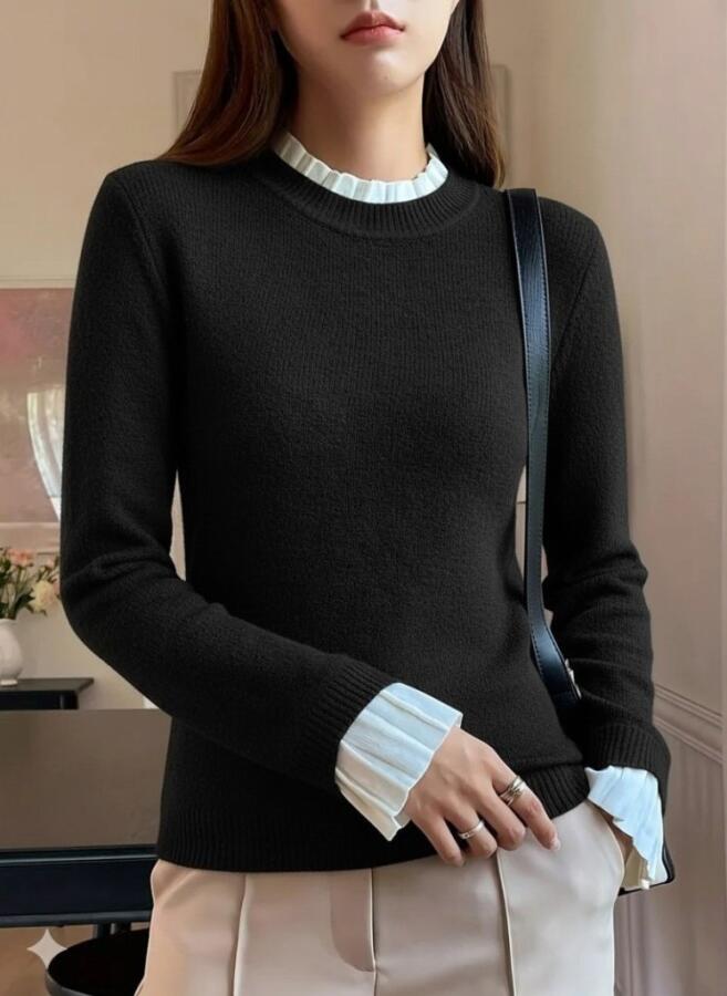 Kadın Uzun Kollu Fırfırlı Yakalı Triko Bluz - 4