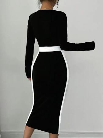 Kadın Uzun Kollu Geometrik Yaka Midi Ithal Krep Elbise - ANGELINO BuyukBedeniz (1)