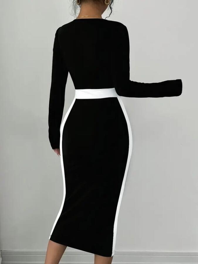 Kadın Uzun Kollu Geometrik Yaka Midi Ithal Krep Elbise - 2