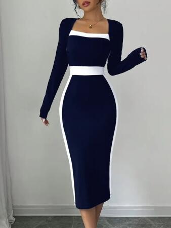 Kadın Uzun Kollu Geometrik Yaka Midi Ithal Krep Elbise - ANGELINO BuyukBedeniz (1)