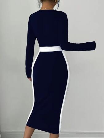 Kadın Uzun Kollu Geometrik Yaka Midi Ithal Krep Elbise - 4