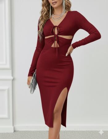 Kadın Uzun Kollu Göğüs Ve Göbek Dekolte Detay Sandy Midi Boy Elbise - ANGELINO BuyukBedeniz