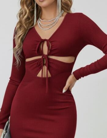 Kadın Uzun Kollu Göğüs Ve Göbek Dekolte Detay Sandy Midi Boy Elbise - ANGELINO BuyukBedeniz (1)