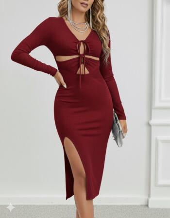 Kadın Uzun Kollu Göğüs Ve Göbek Dekolte Detay Sandy Midi Boy Elbise - 3