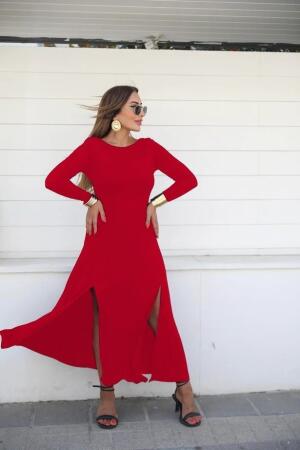 Kadın Uzun Kollu Hafif Kayık Yaka Sırt Dekolteli Yırtmaç Detaylı Viskon Tam Boy Elbise - 3