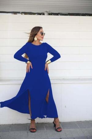 Kadın Uzun Kollu Hafif Kayık Yaka Sırt Dekolteli Yırtmaç Detaylı Viskon Tam Boy Elbise - ANGELINO BuyukBedeniz