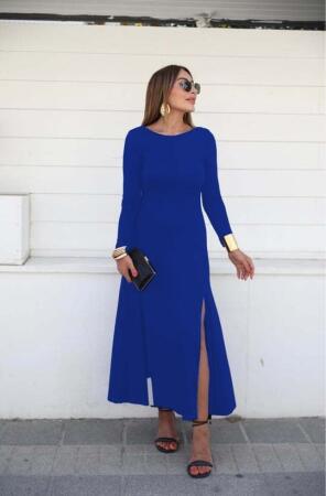 Kadın Uzun Kollu Hafif Kayık Yaka Sırt Dekolteli Yırtmaç Detaylı Viskon Tam Boy Elbise - ANGELINO BuyukBedeniz (1)