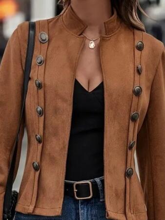 Kadın Uzun Kollu Hakim Yaka Yanlardan Düğmeli Kısa Süet Ceket - ANGELINO BuyukBedeniz (1)