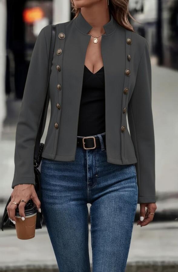 Kadın Uzun Kollu Hakim Yaka Yanlardan Düğmeli Kısa Süet Ceket - 1