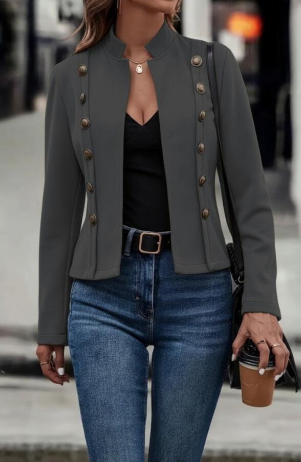 Kadın Uzun Kollu Hakim Yaka Yanlardan Düğmeli Kısa Süet Ceket - 3