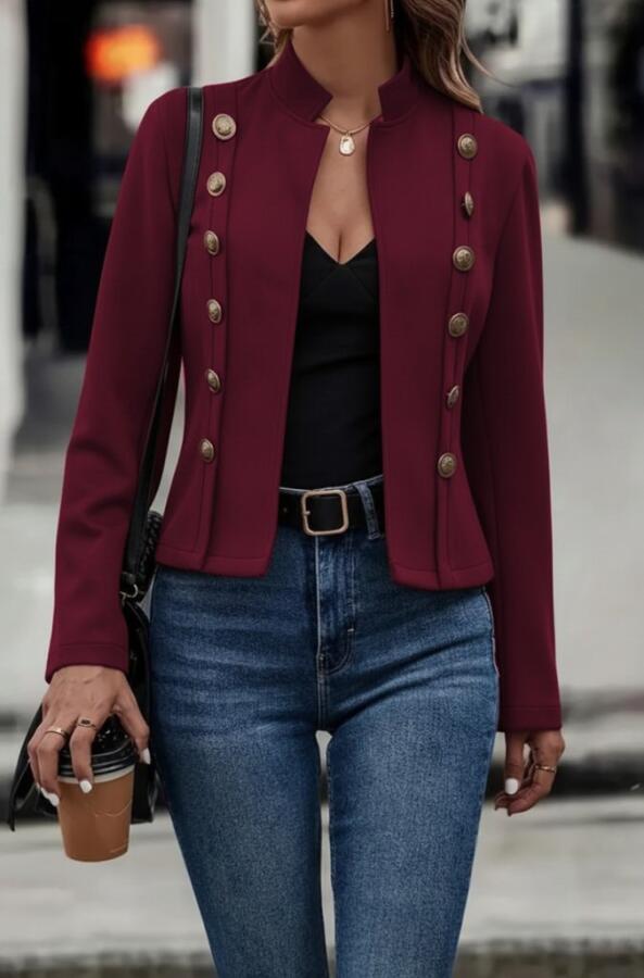 Kadın Uzun Kollu Hakim Yaka Yanlardan Düğmeli Kısa Süet Ceket - 1