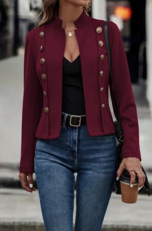 Kadın Uzun Kollu Hakim Yaka Yanlardan Düğmeli Kısa Süet Ceket - 3