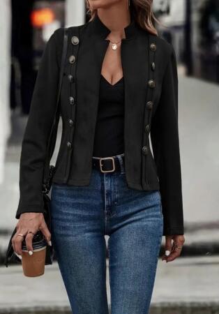 Kadın Uzun Kollu Hakim Yaka Yanlardan Düğmeli Kısa Süet Ceket - ANGELINO BuyukBedeniz