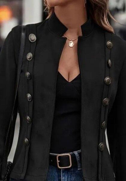 Kadın Uzun Kollu Hakim Yaka Yanlardan Düğmeli Kısa Süet Ceket - 2