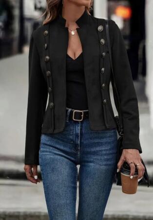 Kadın Uzun Kollu Hakim Yaka Yanlardan Düğmeli Kısa Süet Ceket - 3