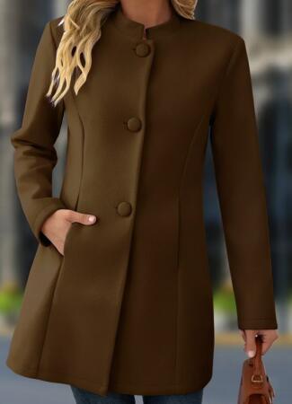 Kadın Uzun Kollu Hakim Yakalı önden Düğmeli Cep Detaylı Kısa Taba Kaşe Kaban - ANGELINO BuyukBedeniz