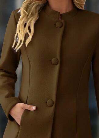 Kadın Uzun Kollu Hakim Yakalı önden Düğmeli Cep Detaylı Kısa Taba Kaşe Kaban - ANGELINO BuyukBedeniz (1)