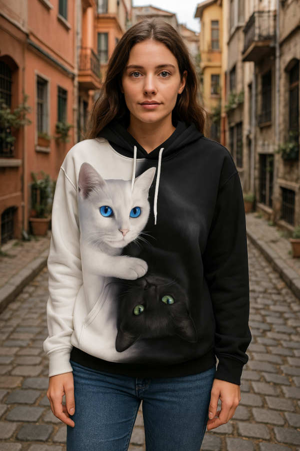 Kadın Uzun Kollu Kapşonlu Bağcıklı Kedi Desenli şardonlu Dalgıç Bluz - 1