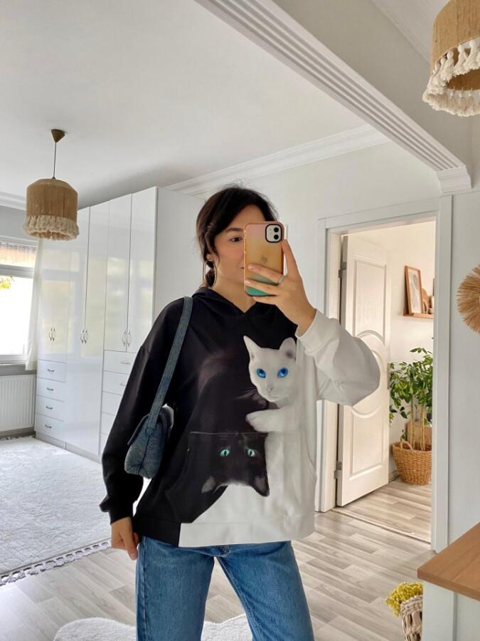Kadın Uzun Kollu Kapşonlu Bağcıklı Kedi Desenli şardonlu Dalgıç Bluz - 3