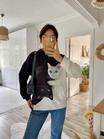 Kadın Uzun Kollu Kapşonlu Bağcıklı Kedi Desenli şardonlu Dalgıç Bluz - 6
