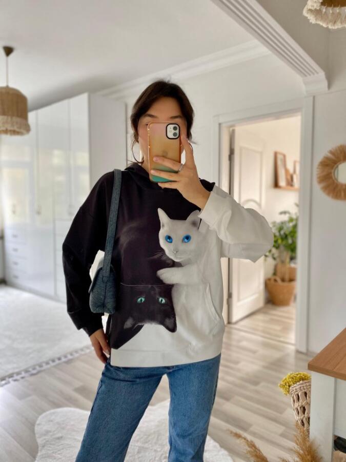 Kadın Uzun Kollu Kapşonlu Bağcıklı Kedi Desenli şardonlu Dalgıç Bluz - 6