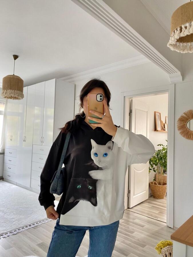 Kadın Uzun Kollu Kapşonlu Bağcıklı Kedi Desenli şardonlu Dalgıç Bluz - 7
