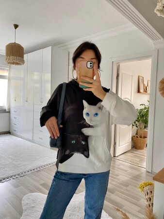 Kadın Uzun Kollu Kapşonlu Bağcıklı Kedi Desenli şardonlu Dalgıç Bluz - 8