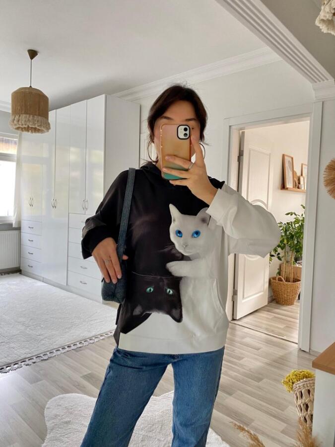 Kadın Uzun Kollu Kapşonlu Bağcıklı Kedi Desenli şardonlu Dalgıç Bluz - 8
