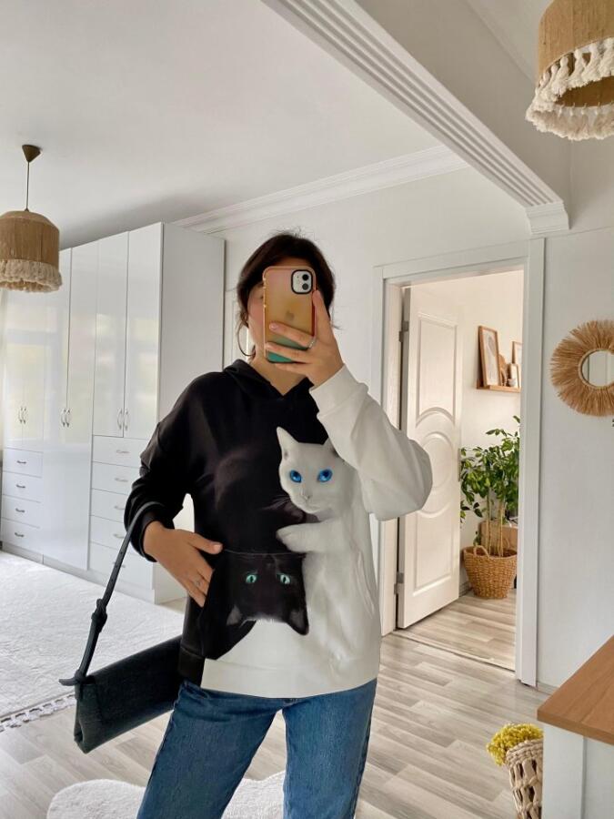 Kadın Uzun Kollu Kapşonlu Bağcıklı Kedi Desenli şardonlu Dalgıç Bluz - 9