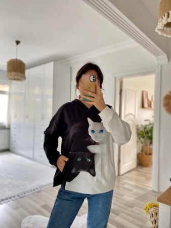 Kadın Uzun Kollu Kapşonlu Bağcıklı Kedi Desenli şardonlu Dalgıç Bluz - 11