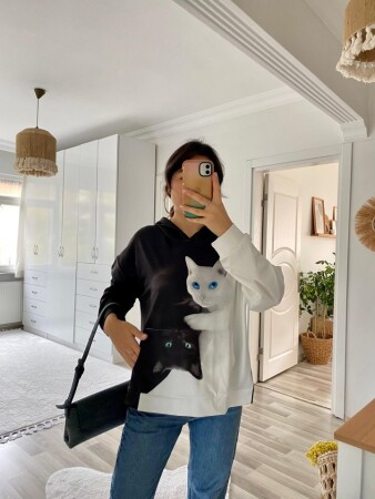 Kadın Uzun Kollu Kapşonlu Bağcıklı Kedi Desenli şardonlu Dalgıç Bluz - 12