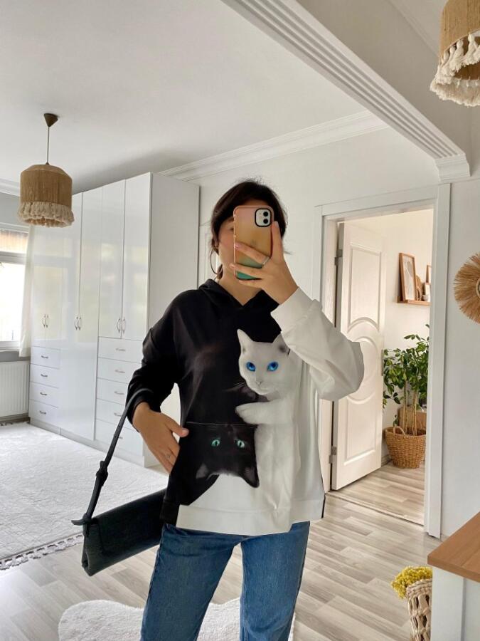 Kadın Uzun Kollu Kapşonlu Bağcıklı Kedi Desenli şardonlu Dalgıç Bluz - 12