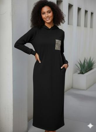 Kadın Uzun Kollu Kapşonlu Cep Detaylı Viskon Iki Iplik Maxi Elbise - ANGELINO BuyukBedeniz