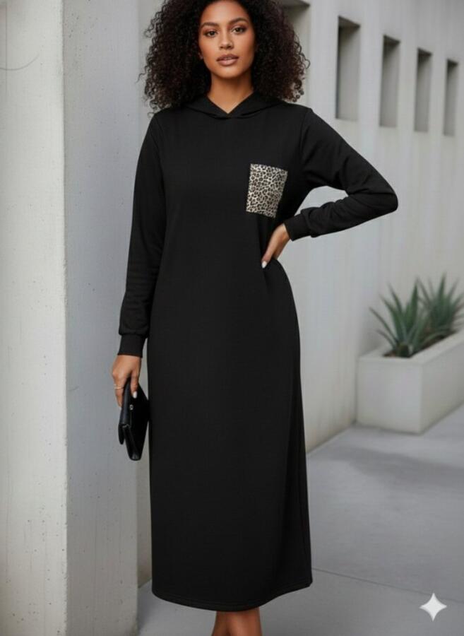 Kadın Uzun Kollu Kapşonlu Cep Detaylı Viskon Iki Iplik Maxi Elbise - 2