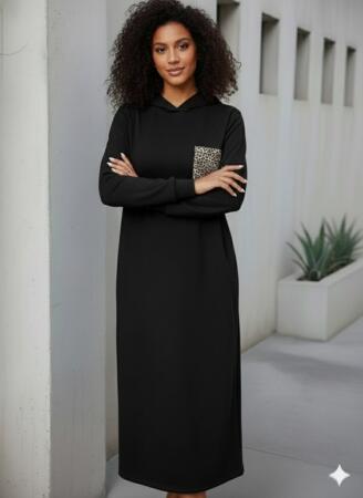 Kadın Uzun Kollu Kapşonlu Cep Detaylı Viskon Iki Iplik Maxi Elbise - 3