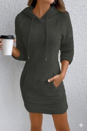 Kadın Uzun Kollu Kapşonlu Cepli Mini Peluş Elbise - ANGELINO BuyukBedeniz