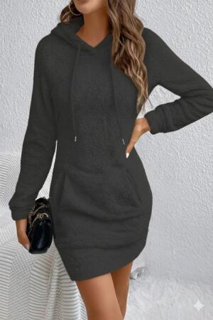 Kadın Uzun Kollu Kapşonlu Cepli Mini Peluş Elbise - ANGELINO BuyukBedeniz (1)