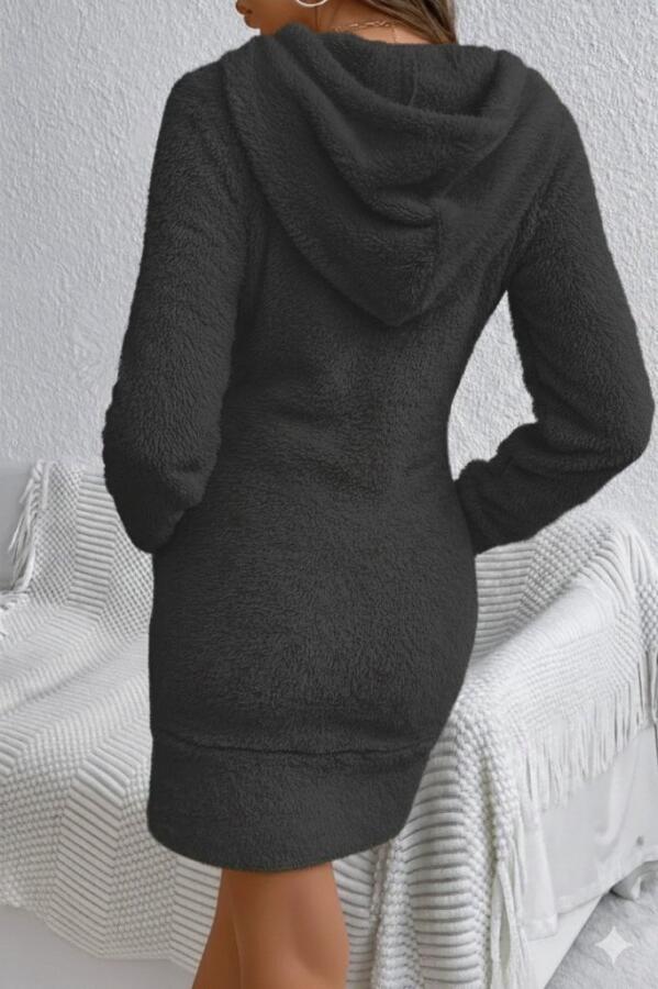 Kadın Uzun Kollu Kapşonlu Cepli Mini Peluş Elbise - 3