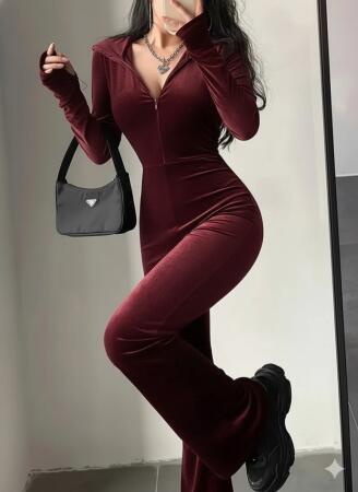 Kadın Uzun Kollu Kapşonlu Fermuarlı Kadife Tulum - ANGELINO BuyukBedeniz (1)