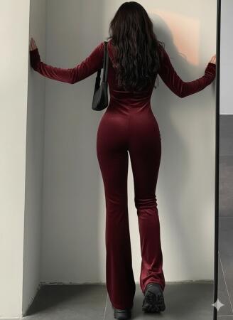 Kadın Uzun Kollu Kapşonlu Fermuarlı Kadife Tulum - 4